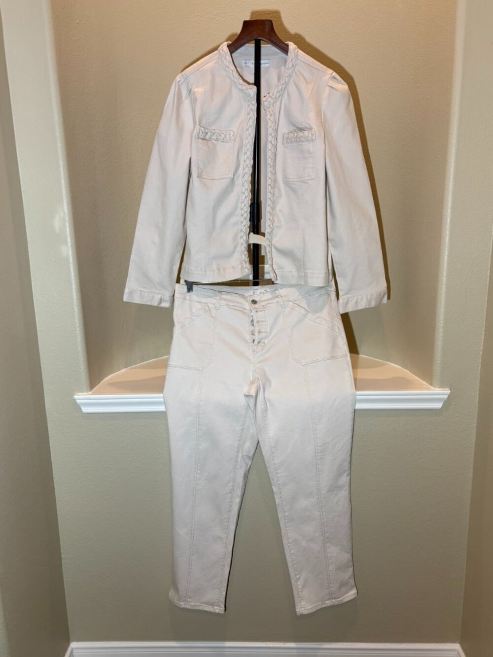 C Est. 1946 Cream Denim Braided Jacket and Straight Leg Stretch Ankle Pant Set